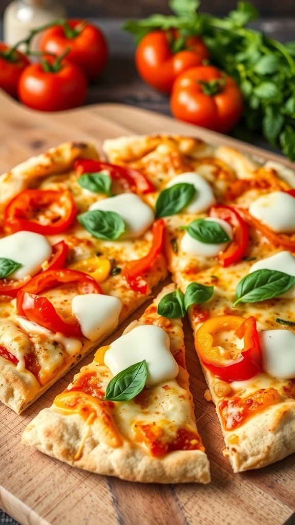 Chicken crust pizza topped with mozzarella, bell peppers, and basil on a wooden board.